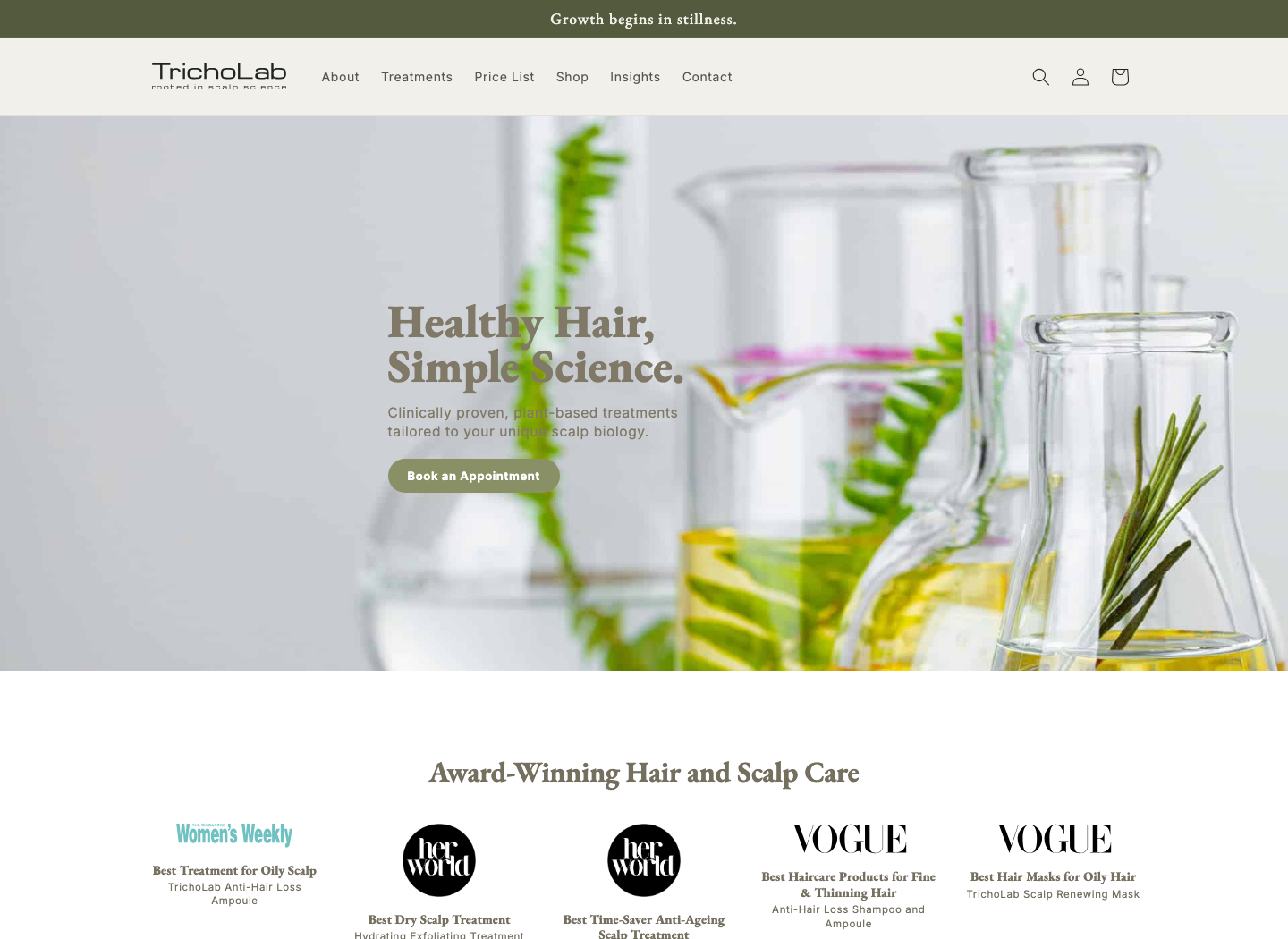 Current Shopify home hero and awards strip