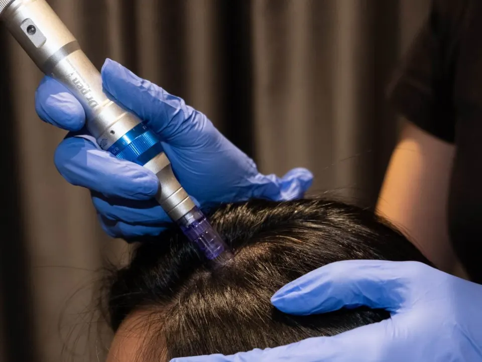 A TrichoLab therapist applying the microneedling pen to a client's scalp